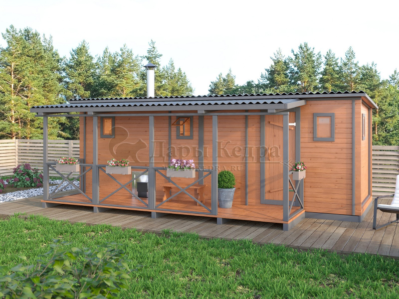 Каркасно-щитовая баня из кедра «Мега» с верандой Каркасно-щитовая баня из кедра «Мега» с верандой